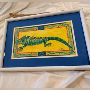 Artist Cara Roy Framed Larry the Lizard Bright Yellow Background Blue Matted